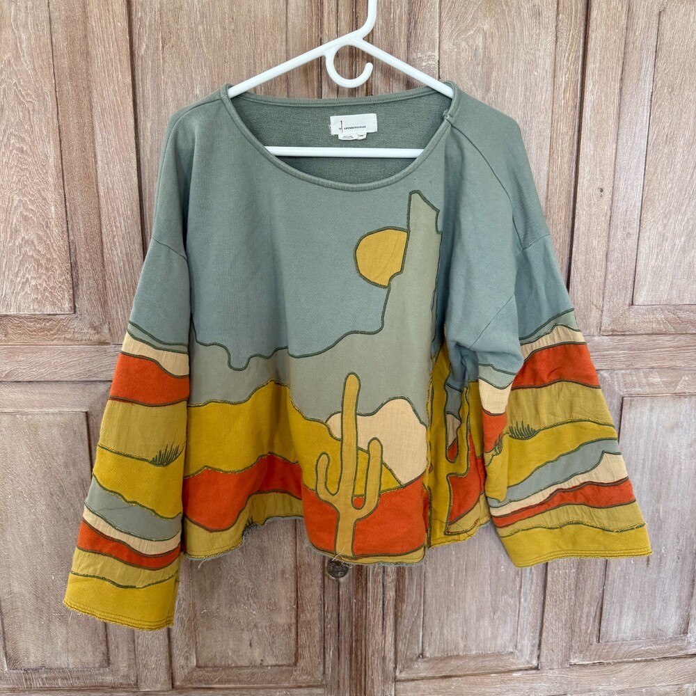 Anthropologie Desert Cactus Applique Pullover Top XL Southwestern Boho Cotton